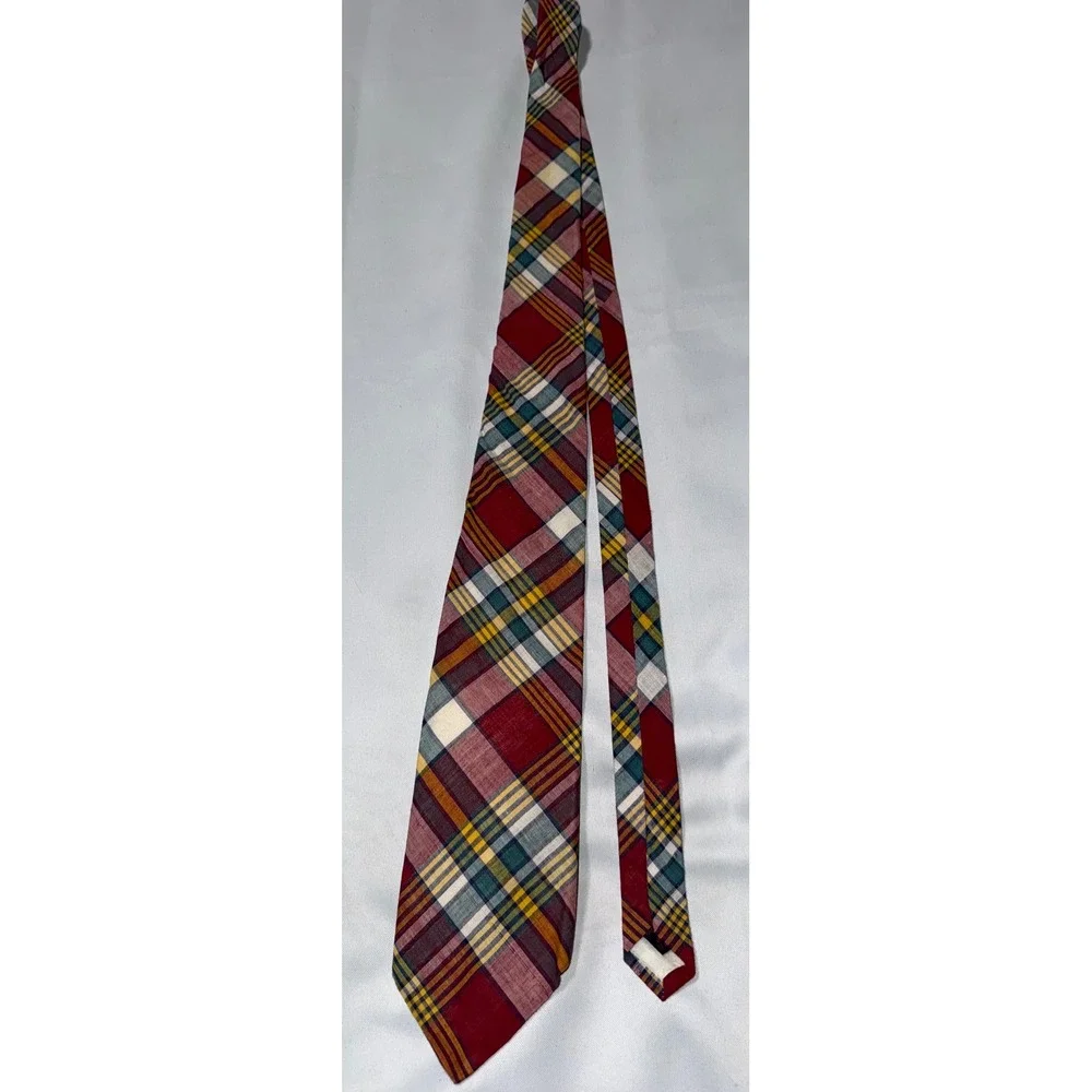 Brooks Brothers Mens Madras Plaid Tie Red Green Yellow Hand‎ Woven India Cotton